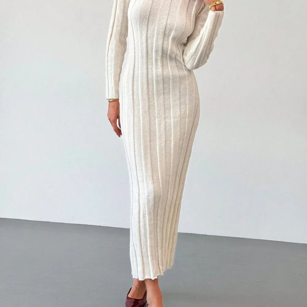 Beige Elegant Women's Crew Neck Long Warm & Comfortable Knit Casual Dress - Picture 9 of 9